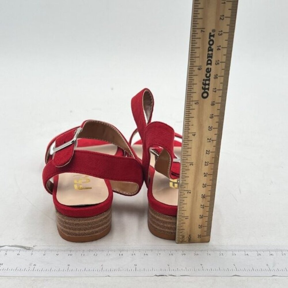 FSJ Red Suede Open Toe Block Low Heel Ankle Strap Sandals Comfort Summer Shoes - Picture 5 of 8
